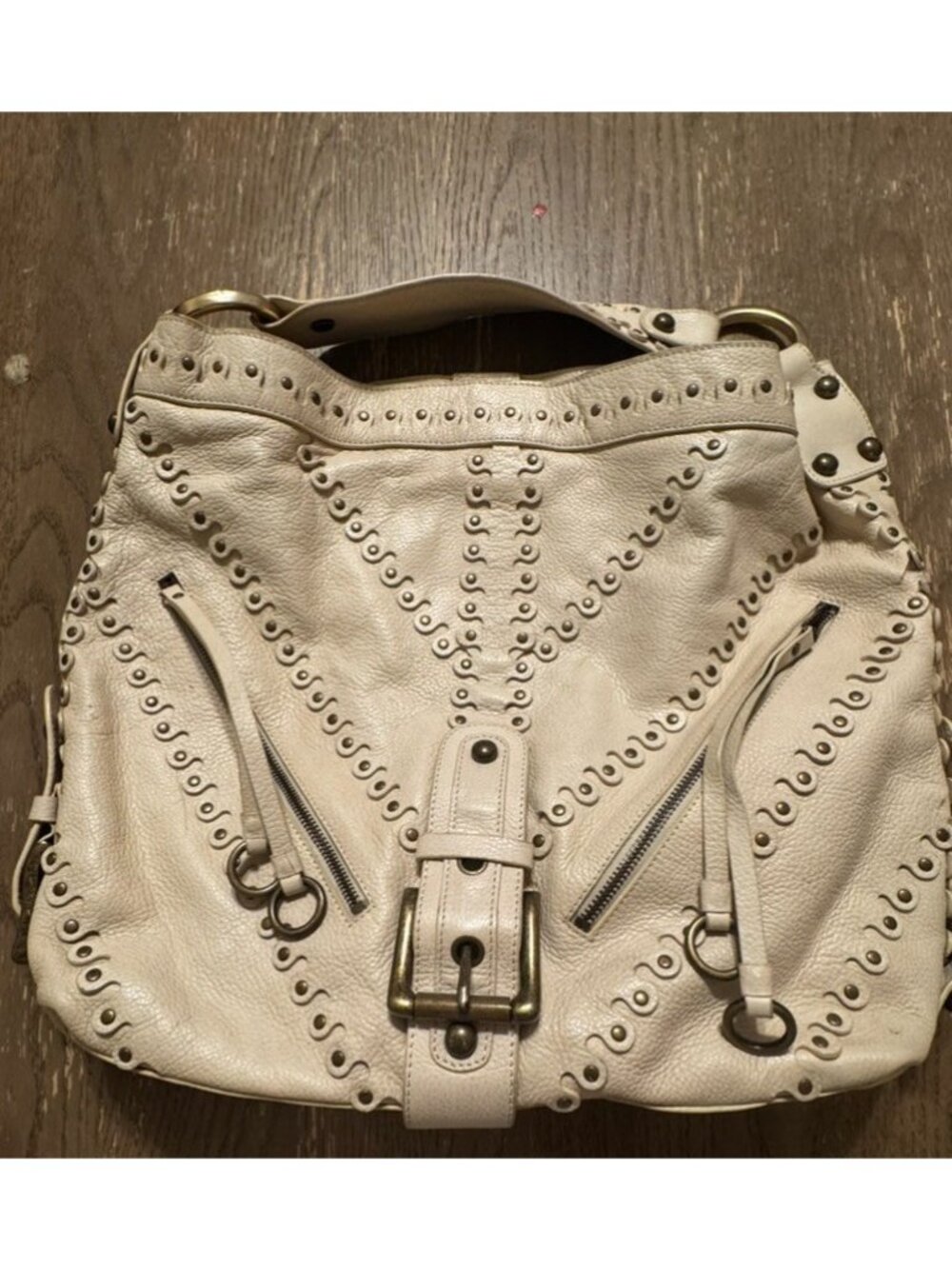 Vtg Besso Cream Italy Studded Leather Shoulder hobo Bag Y2K Western Boho Buckle - Picture 15 of 16